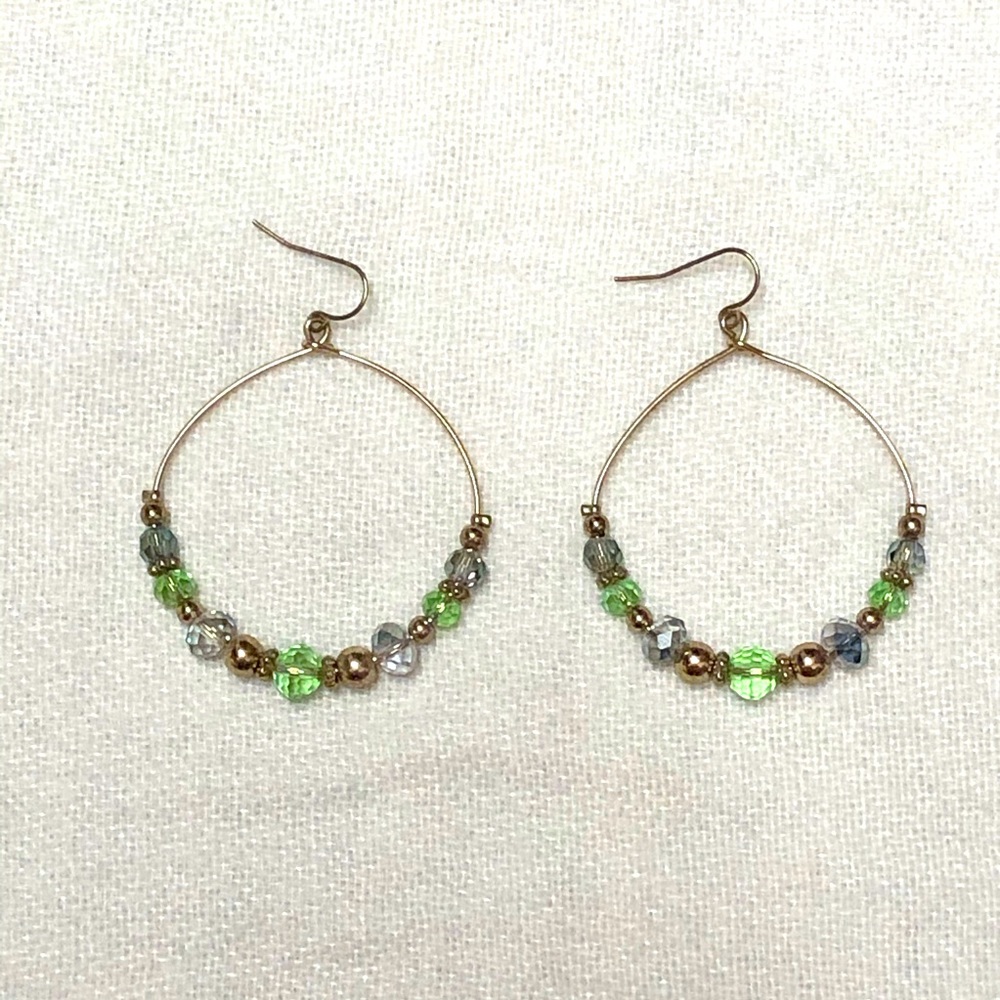 Green/Blue/Gold Beaded Hoop Earrings